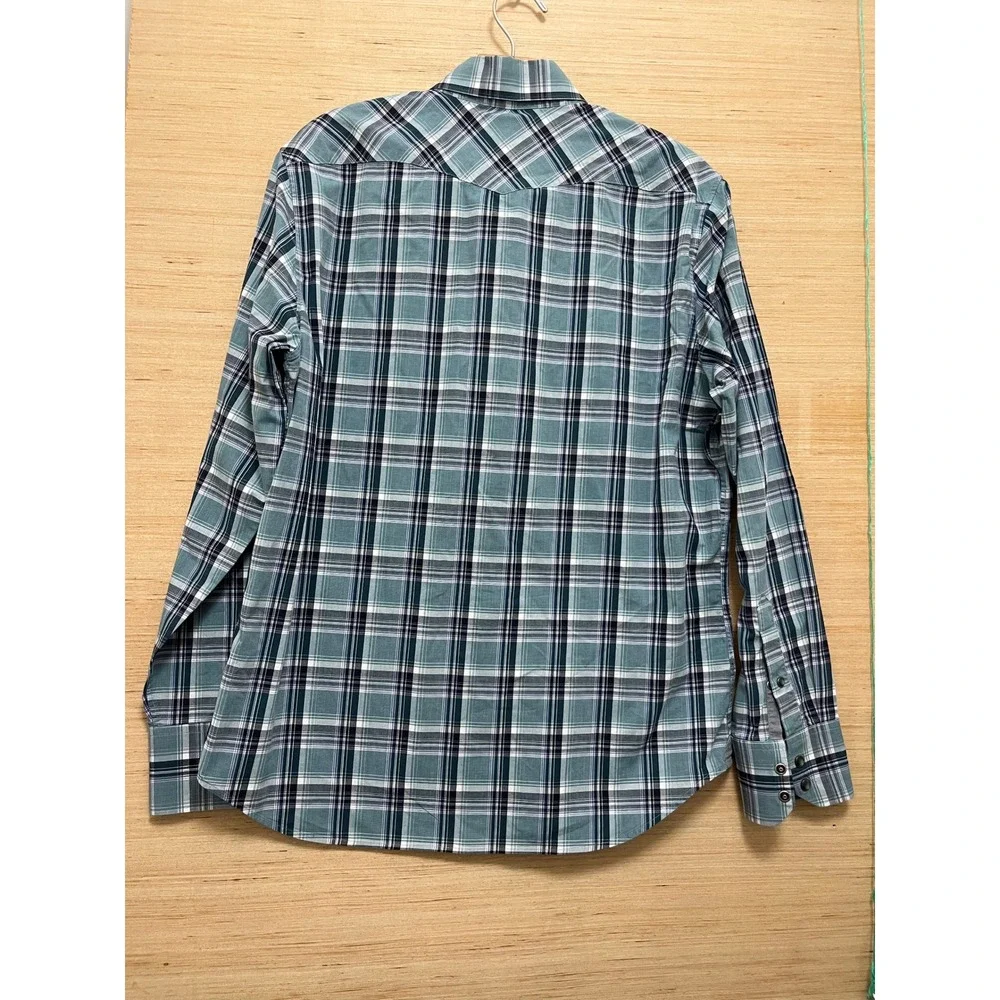 Banana Republic Mens M‎ Western Snap Front Plaid Shirt Teal Navy Long Sleeve